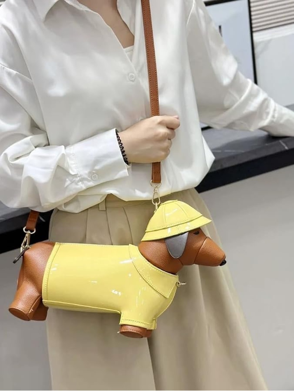 Yellow Dachshund Crossbody Bag with Brown Accents